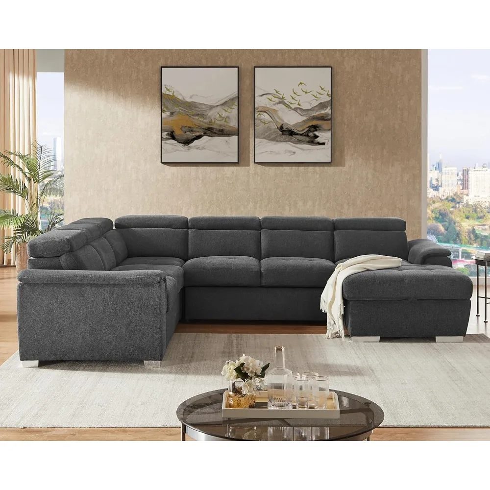 

125'' U Shaped Sectional Sleeper Sofa with Pull Out Bed, Storage Chaise Lounge, and Adjustable Headrest, U Shaped Sectional