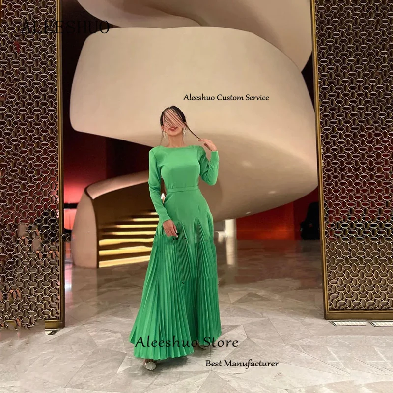 Cleeshuo-Robe de Soirée Trapèze Vert Arabie Saoudite, Tenue de Bal, Manches sulf, Col Bateau, Sexy, Dos aux, Plissée, Longueur au Sol