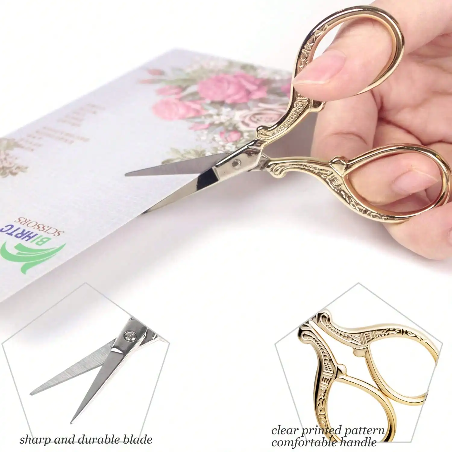Embossed Stainless Steel Scissors – Small Pointed Tip for Eyebrow Trimming, Embroidery, Sewing & Craft, Ornate Handle Design