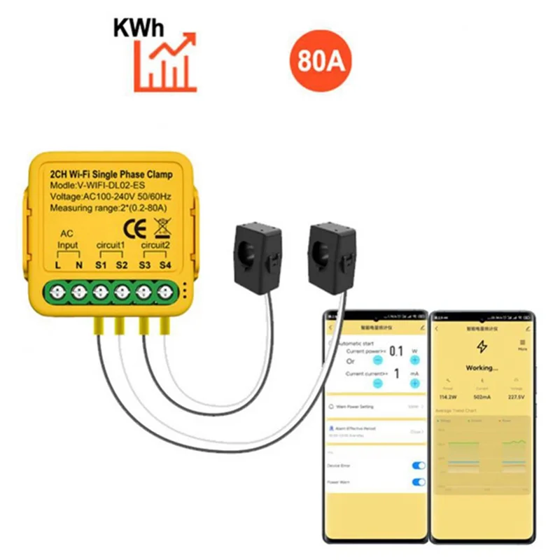 Medidor de energía WiFi bilateral Tuya 80A con abrazadera CT KWh Monitor de consumo de electricidad para Alexa Home(B)