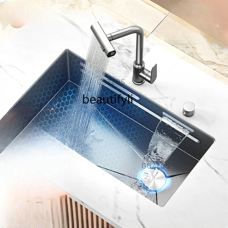 X188 Waterfall Large Single Sink Nano Stainless Steel Embossed Handmade Kitchen Household Drop-in Sink Thickened Sink