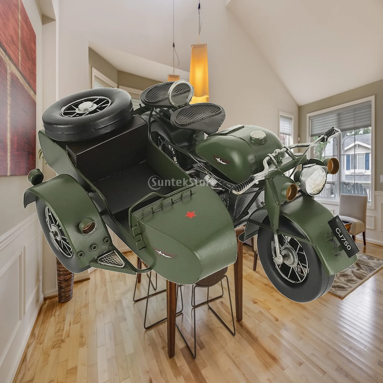Vintage Iron Motorcycle Model with Sidecar Army Green Retro Decor for Shelf Desk Display