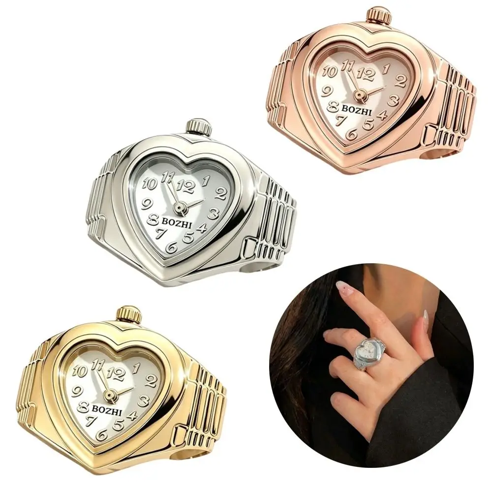 Stainless Steel Mini Finger Watch Heart Shaped Adjustable Elastic Strap Ring Watch Mini Clock Quartz Movement
