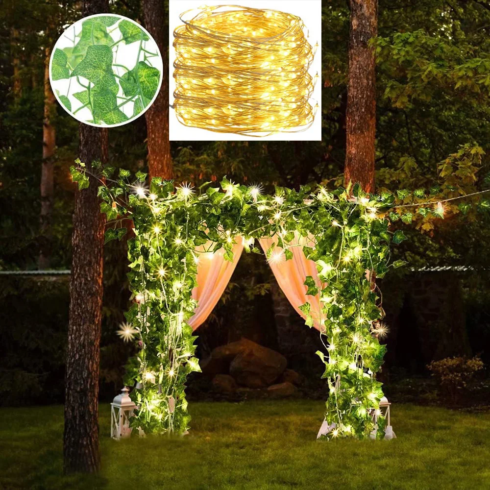 2M-10M Flower Green Leaf String Lights Artificial Vine Fairy Lights USB/Battery Powered Christmas Garland for Weeding Home Decor