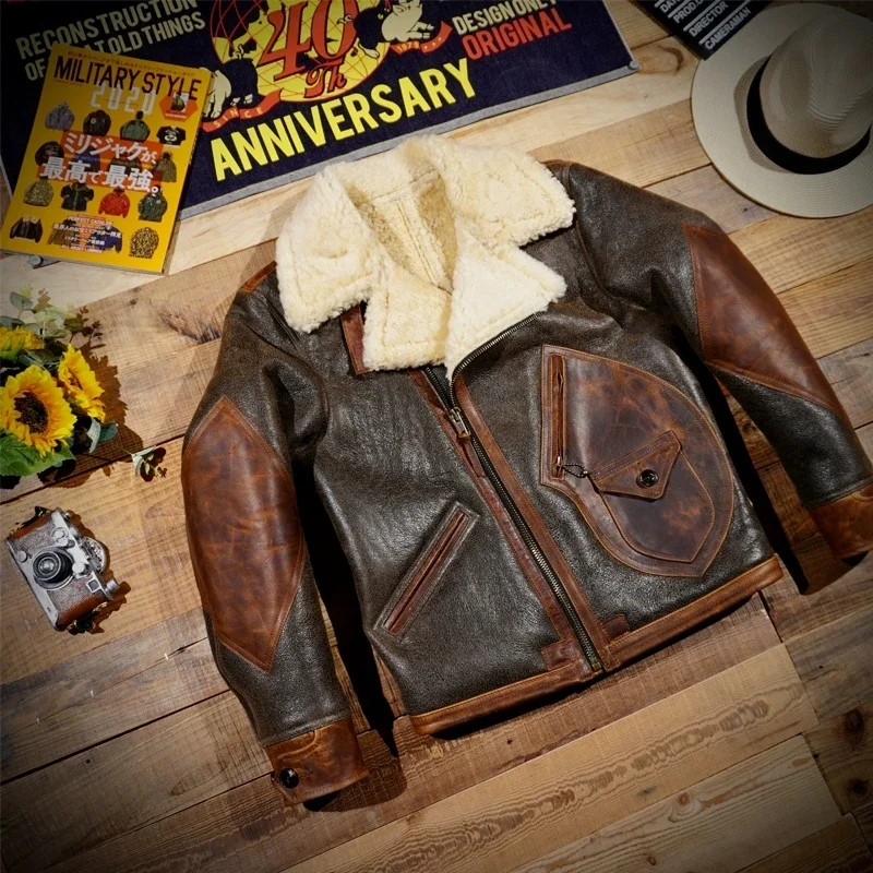 LKS1630 European Size High Quality Super Warm Genuine Sheep Leather Coat Mens Big B3 Shearling Bomber Military Fur Jacket