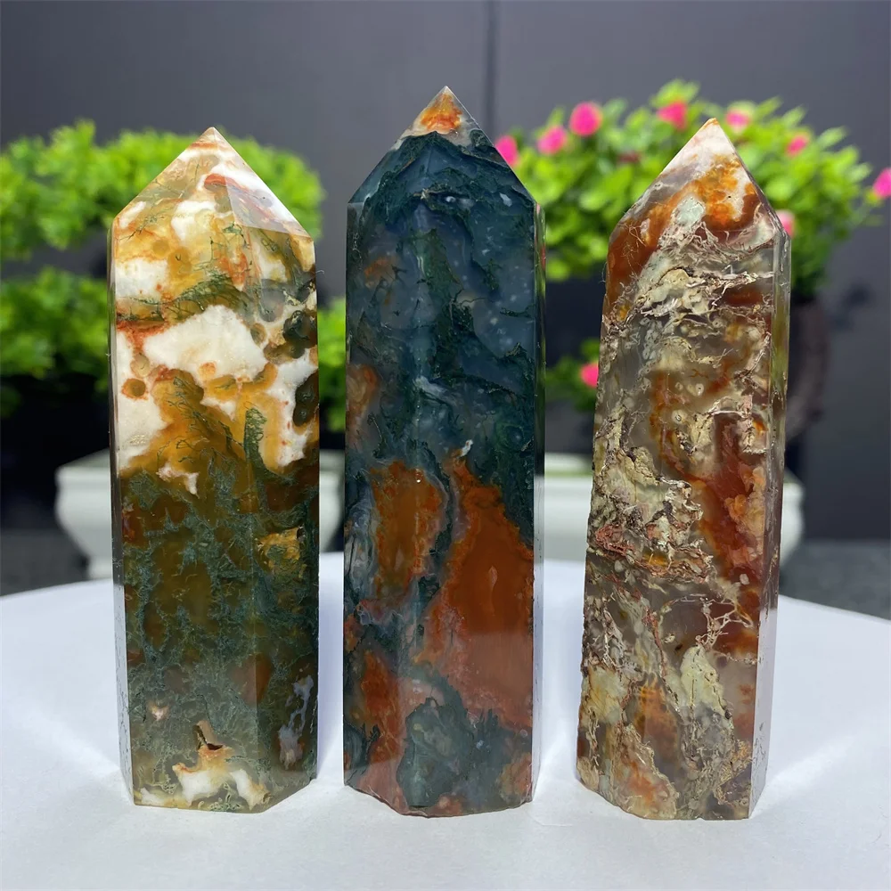 Red Water Grass Agate Natural Crystal Hexagonal Obelisk Tower Polished Healing Stone Mineral Specimens Craft Decoration