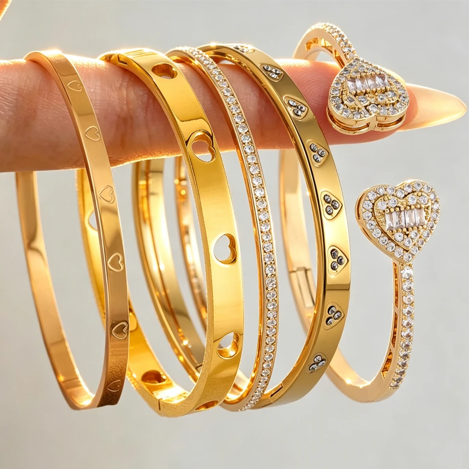 ZAKOL 5/1pcs Hip Hop Rock Fashion Zirconia Copper Stainless Steel Bracelets Mixed Match Heart Stacking Bracelet Jewelry Gift