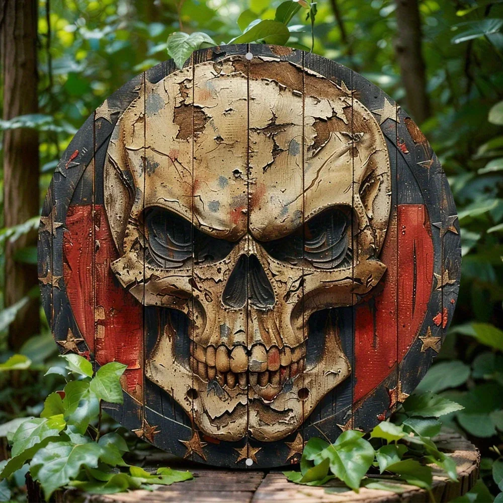 

Patriotic Punisher Skull Metal Sign, Round Aluminum Art Deco Decor, Waterproof Wall Art for Office, Home, Door