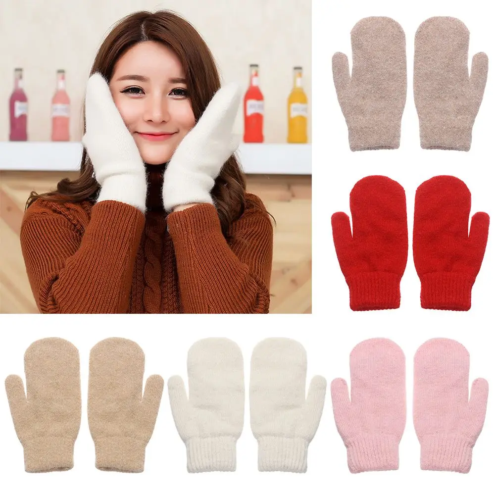 Winter Rabbit Hair Gloves Female Double-layer Korean Version Solid Color All Fingers Women Warm Plush Gloves Girls Mittens