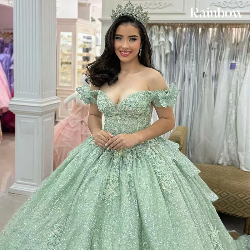 

High Quality Quinceneara Dress Embroidered Lace On Net With Sequins Princess Ballgown Off The Shoulder Customized Birthday Party