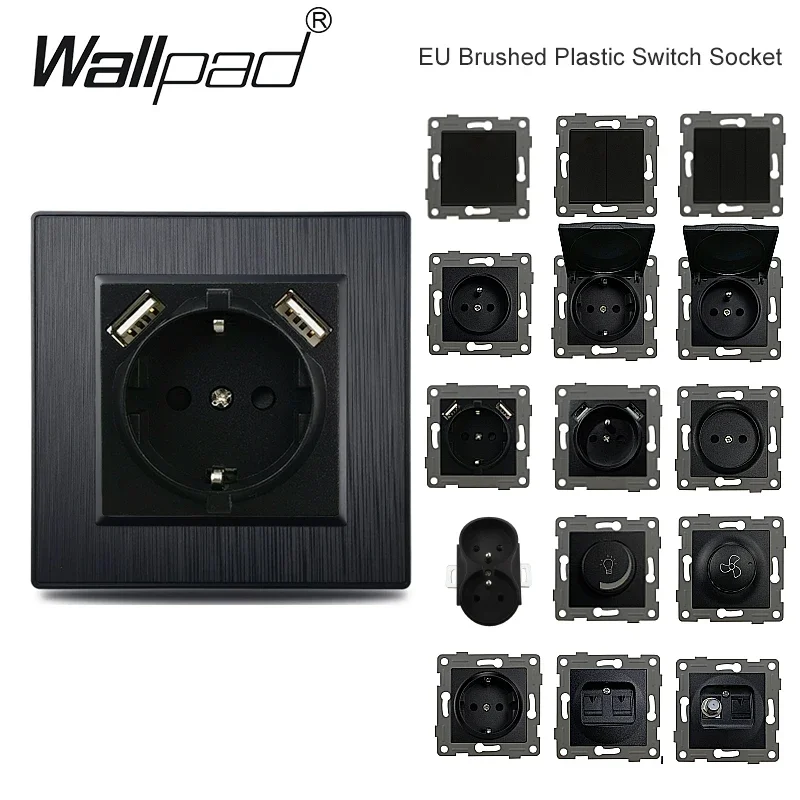 86 EU Standard Black Brushed Plastic Panel EU French Wall Socket with USB Fast Charging Port Type C With Claws Switch with LED