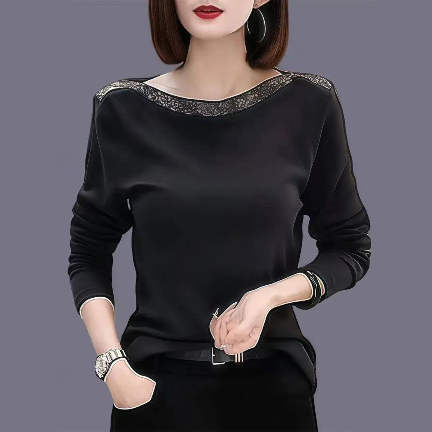 Long Sleeve T-Shirt Women's Casual Velvet Collar One-Shoulder Diamond-Embellished Slimming Fashionable Top Commute Style