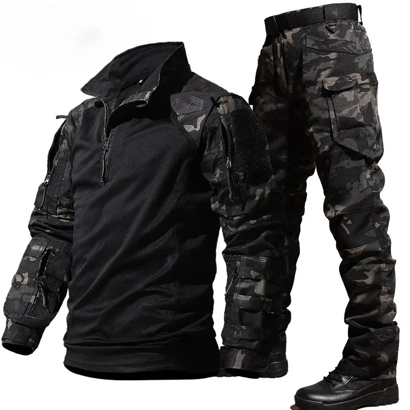 Outdoor Training Suit Men Outdoor Durable Breathable T-shirt Cargo Pants Set Waterproof Suits Multiple Pockets Camo 2 Pcs Set