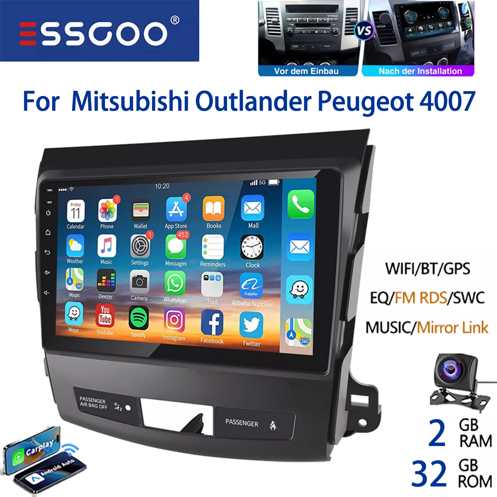 Autoradio ESSGOO Android 15 9 Inch 32G/64G voor Mitsubishi Outlander II 2006-2012 Peugeot Draadloze CarPlay Android Auto GPS Navigatie WiFi FM RDS Bluetooth Stuurwielbediening Mirror Link IPS