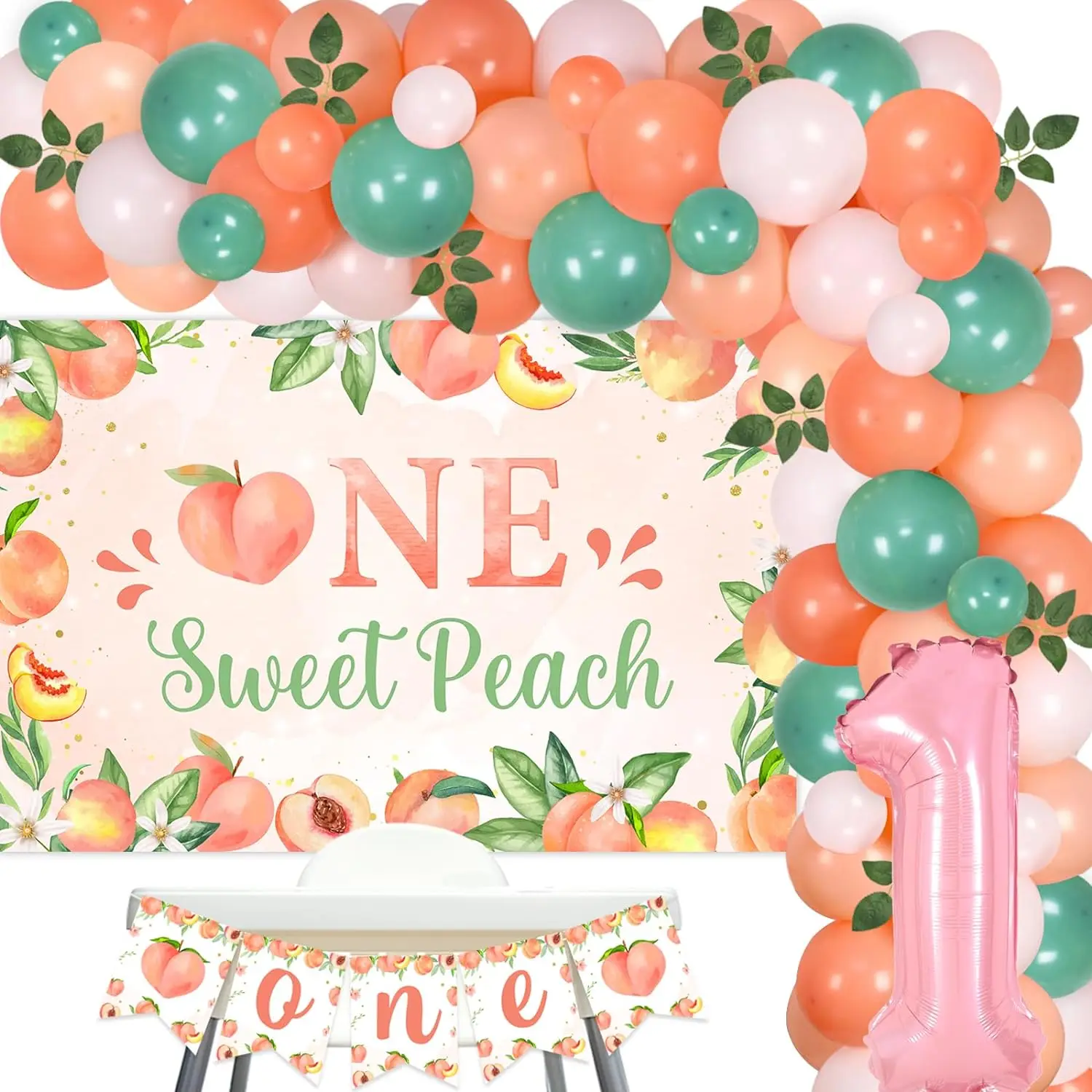 One Sweet Peach Birthday 1st Decor Pink Peach Balloon Arch with Backdrop High Chair Banner Artificial Leaves Fruit 1st Girl