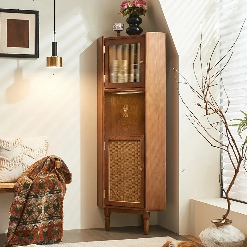 HJ medieval solid wood rattan corner cabinet retro restaurant triangular rattan storage wine cabinet