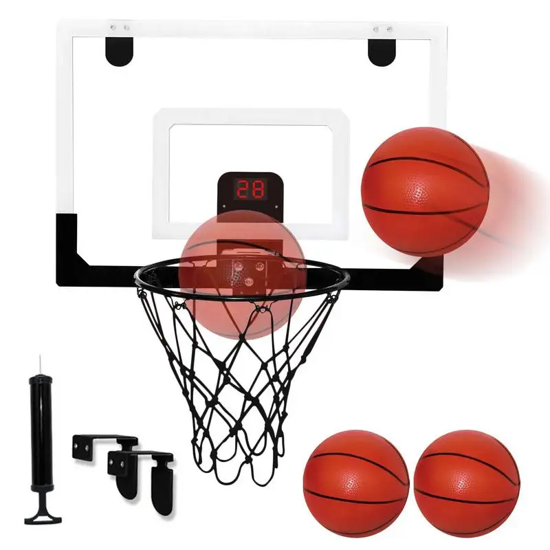 Mini Electronic Basketball Hoop Over Dunkable Kids Toy Wall Frame Stand with Electronic Scoreboard 3 Balls 1 Inflator