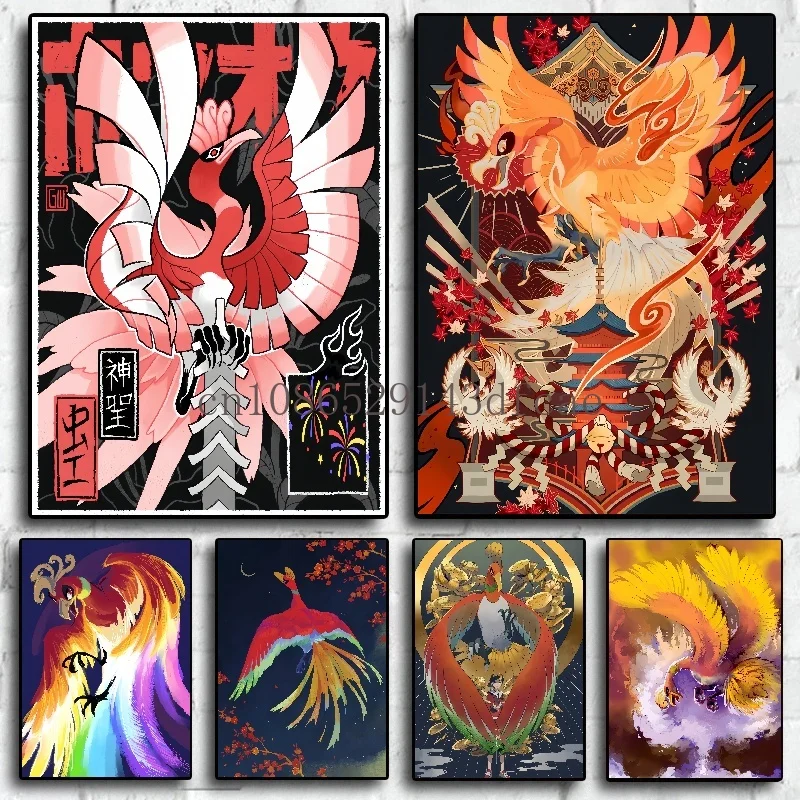 Classic Japanese Anime Peripheral Pokemon Poster Decor Ho-Oh Wall Art Watercolor Canvas Painting Modern Room Decor Picture Gifts