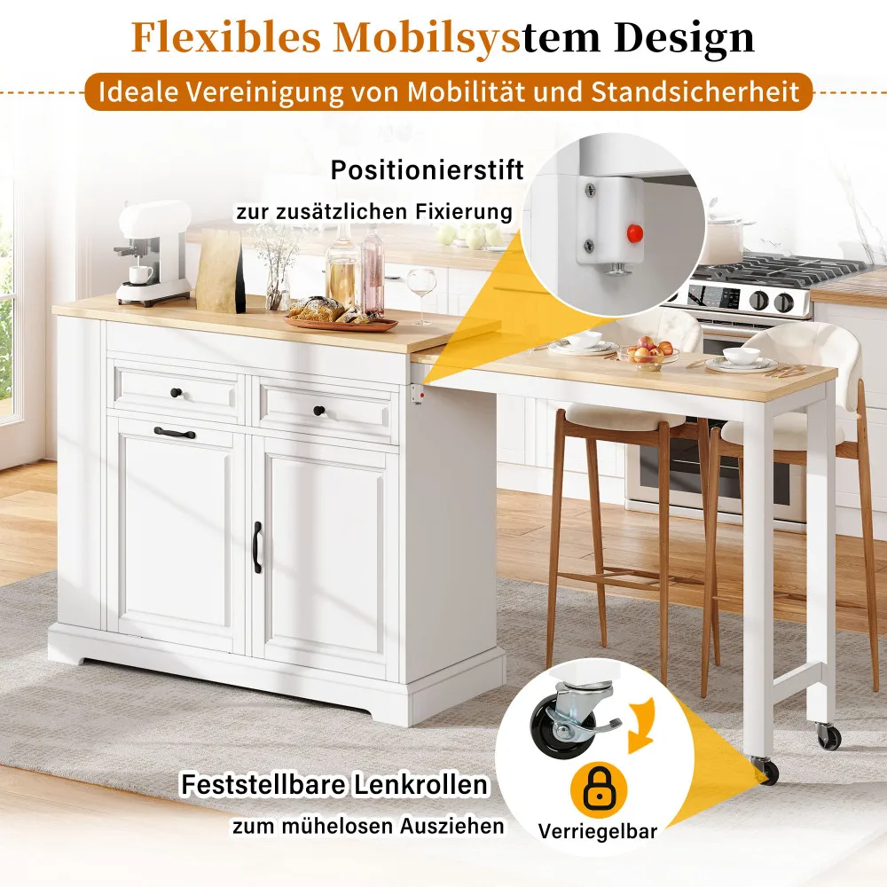 Picture 8: Multifunctional Mobile Kitchen Island on Rollers, Freestanding Extendable Kitchen Island with Pull-out Extractable Dining Surface, Hidden Trash Bin and Multiple Drawers, Practical Rolling Storage Unit for Kitchen & Dining Room