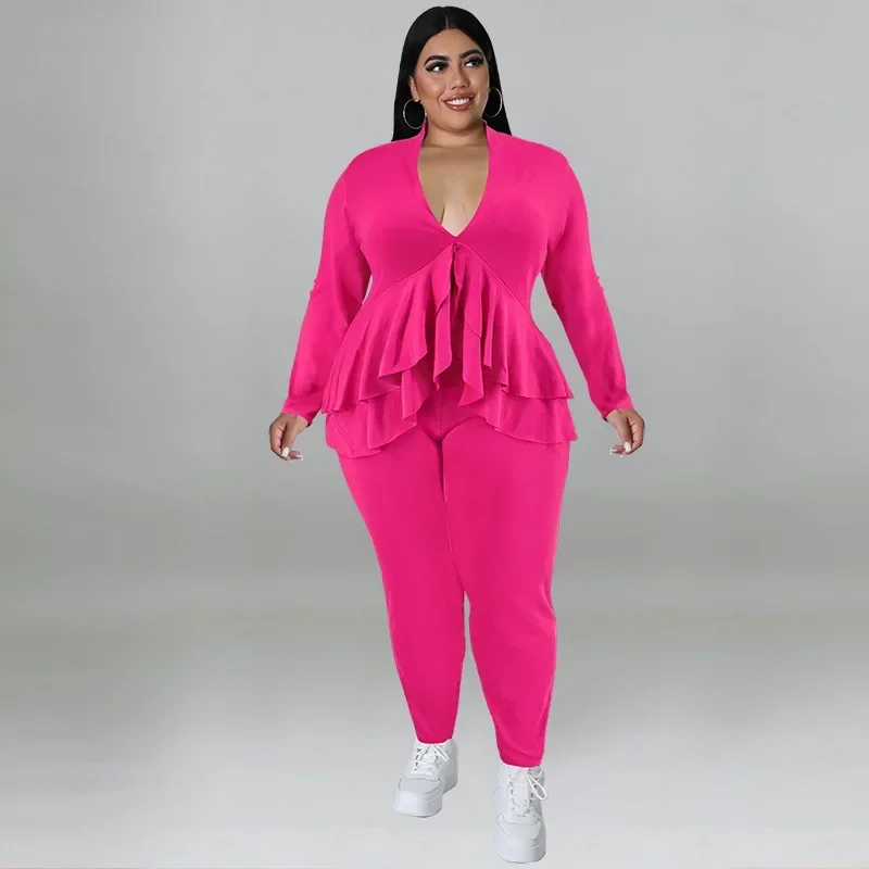 KEXU Plus Size Women Set Fashion Ladies Ruffles Hem V-neck T-shirt and Legging Pants Suit Spring Female Two 2 Piece Set Outfit