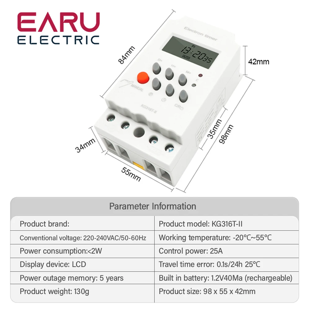 KG316T-II 25A LCD Digital Programmable Electronic Timer Time Switch Relay Controller Microcomputer Rail AC DC 12V 24V 110V 220V