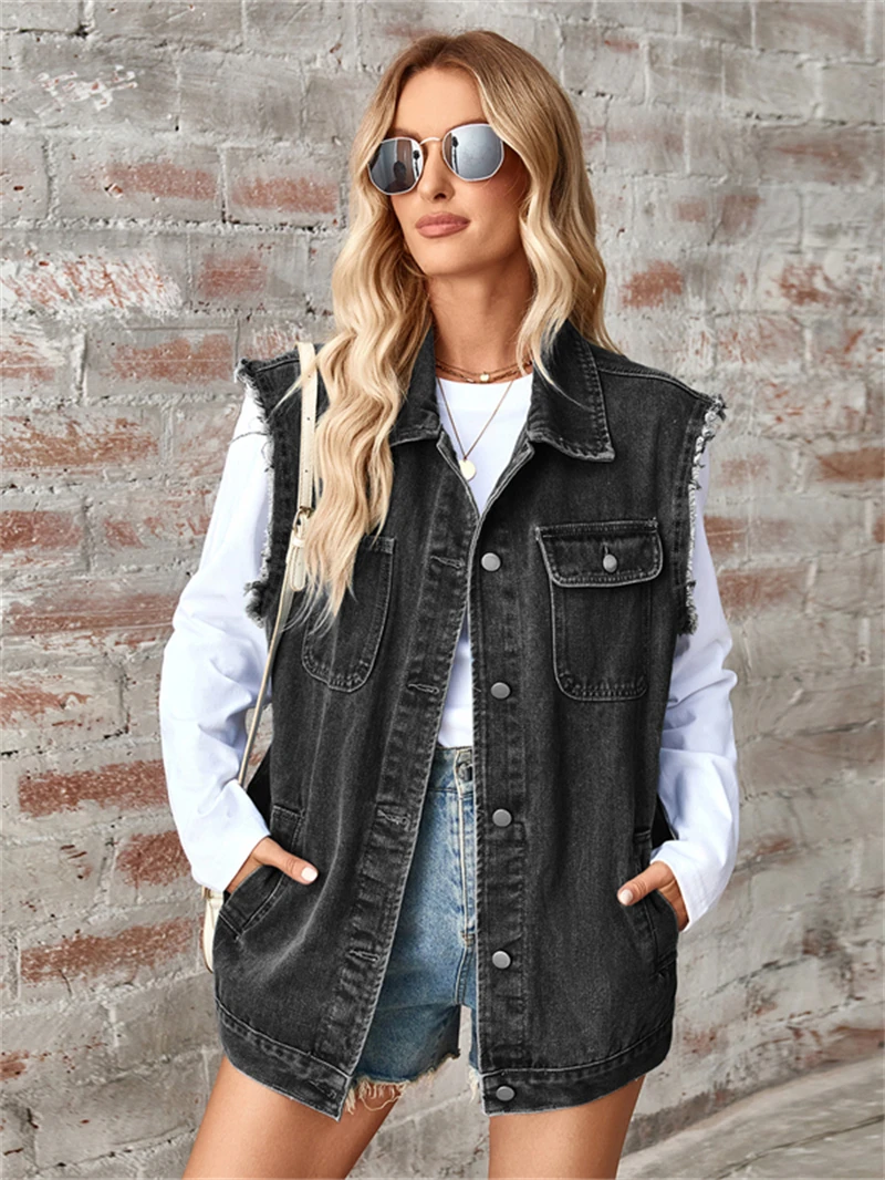 Streetwear Denim Vest Coat Autumn Clothes Women 2024 Washed Sleeveless Jacket Waistcoat Top Casual Baggy Jean Vest Cardigan Coat