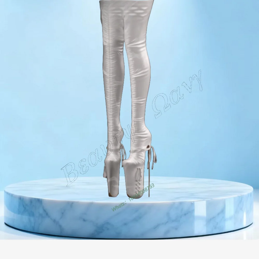 

White Bow Knot Cross Tied Platform Boots Thigh High Spike High Heel Shoes Solid Sexy Women Shoes New Zapatos Para Mujere
