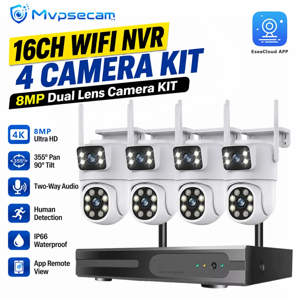 16-Kanal-Funk-NVR-Sicherheitskamerasystem, 8MP-Dual-Linsen-WLAN-PTZ-Kameras, Zwei-Wege-Audio, Bewegungserkennung, Farb-Nachtsicht, IP66-Wetterfestigkeit, Fernzugriff, EseeCloud-App,