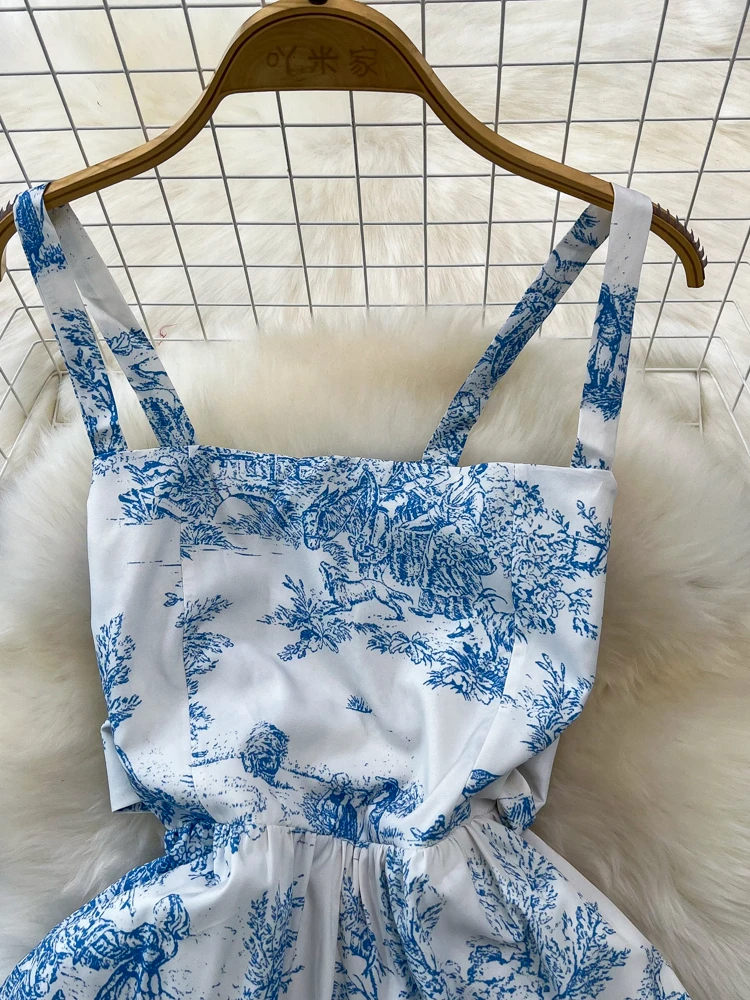 French Blue Floral Dress Women Sexy Backless Bow Printed Long Dresses Ladies Summer Vintage A-line Beach Dress Vestidos