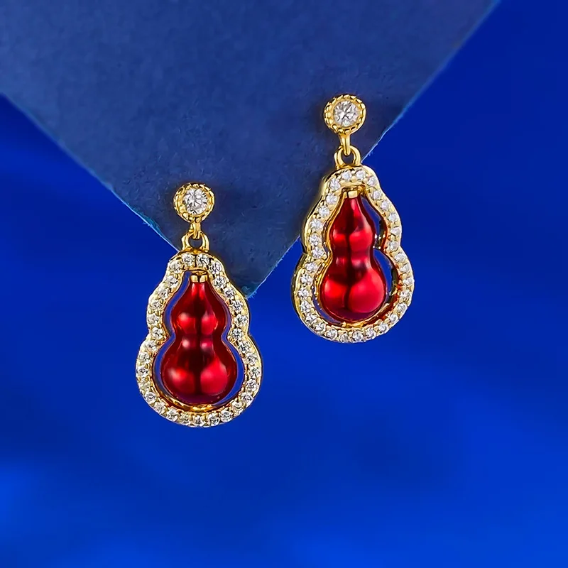 

New S925 silver red gold dual color rotatable double-sided gourd earrings for women with a light luxury retro design sense