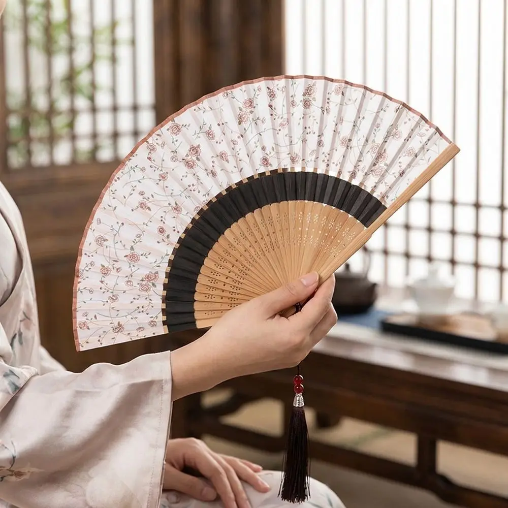 Costume Accessory Portable Folding Fan Vintage with Tassel Dance Fan Decorative Classical Bamboo Fan Dance Performance