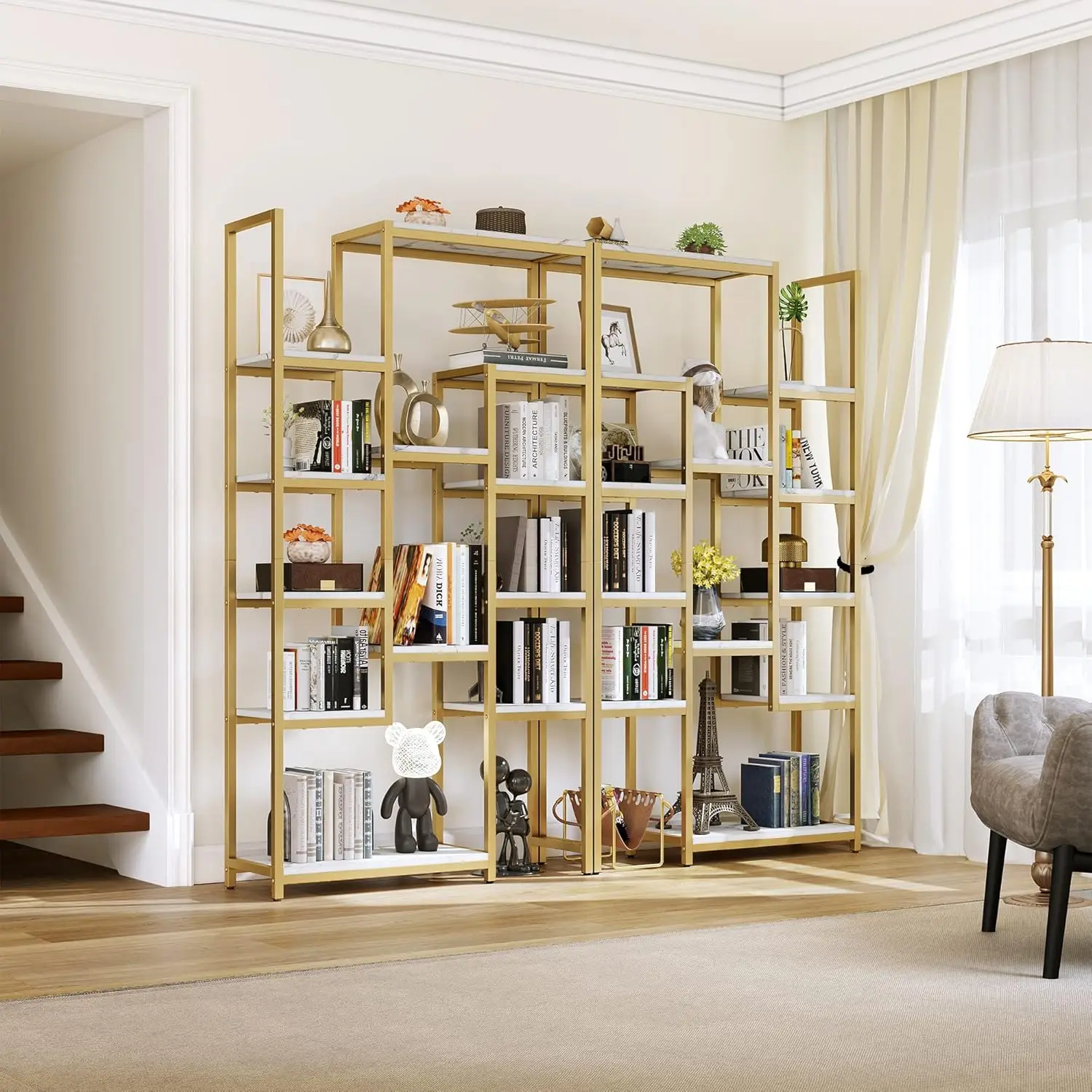 Large Wide Gold Bookshelf, Tall Modern Faux Marble Book Shelf and Bookcase, Open Display Shelves Storage Rack for Bedroom