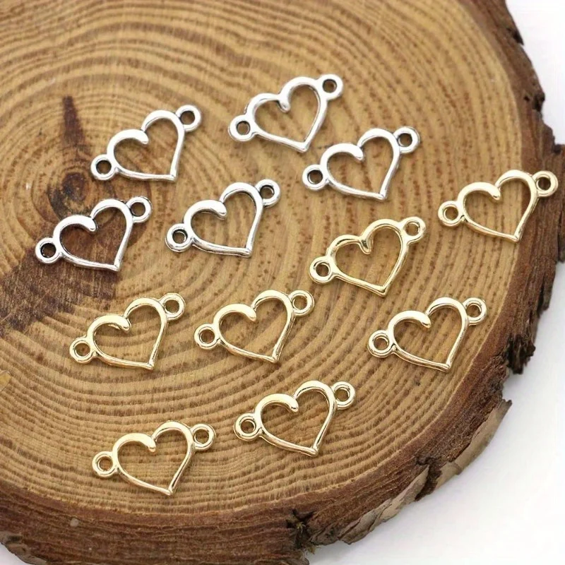 50pcs/package Silver Plated Heart Charm Links Pendant Connectors for Jewelry Making Bracelet DIY Craft Accessories