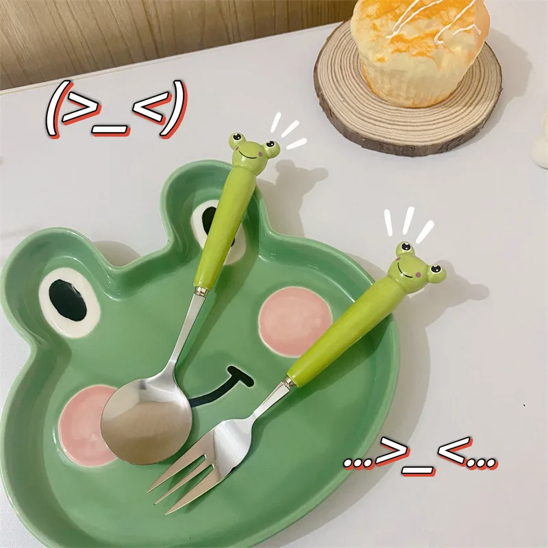 Cartoon Frog Cutlery Set Kids Stainless Steel Fork Spoon with Ceramic Handle Camping Picnic Flatware Utensil Set Tableware