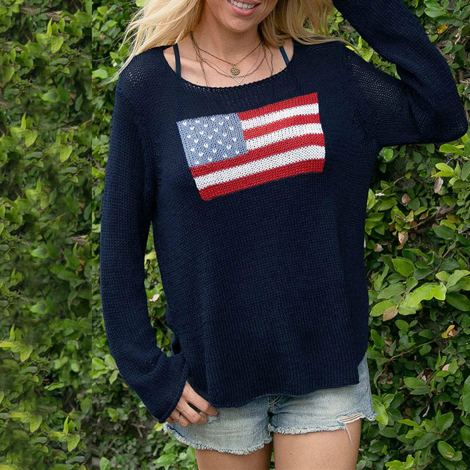 

Women's Spring Autumn Knit Sweater Long Sleeve Crewneck Flag Print Loose Fitting Knitwear