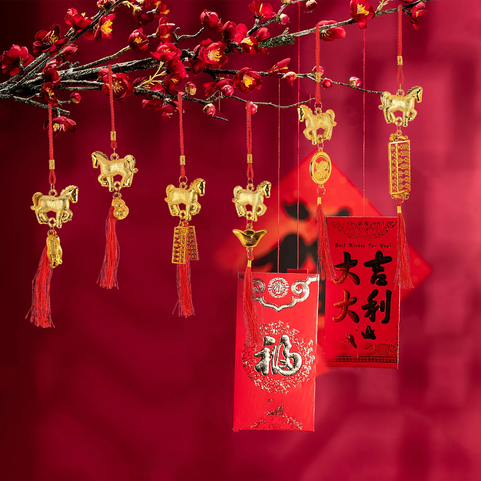 6 قطع من زينة معلقة على شكل سنة الحصان، قلادات شرابة حمراء، زينة محظوظة للعام الصيني الجديد، مهرجان ربيع المكتب المنزلي #1