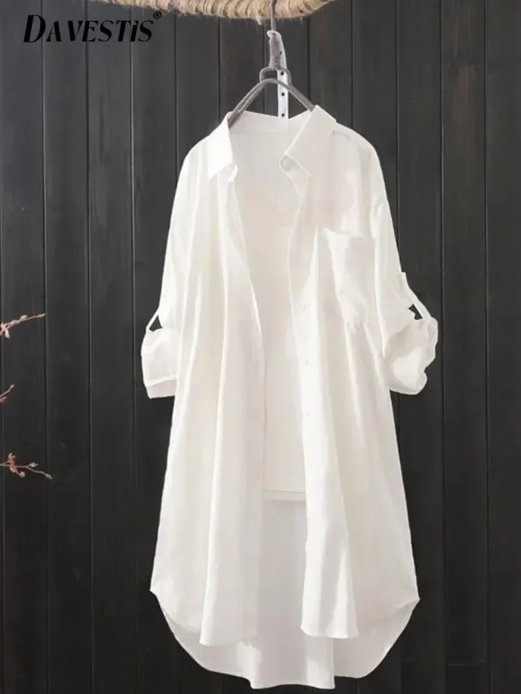 White Shirt Women 2024 Spring Summer Korean Fashion Simple Solid Color Long Shirts Lady Loose Breathable Midi Shirt and Blouse