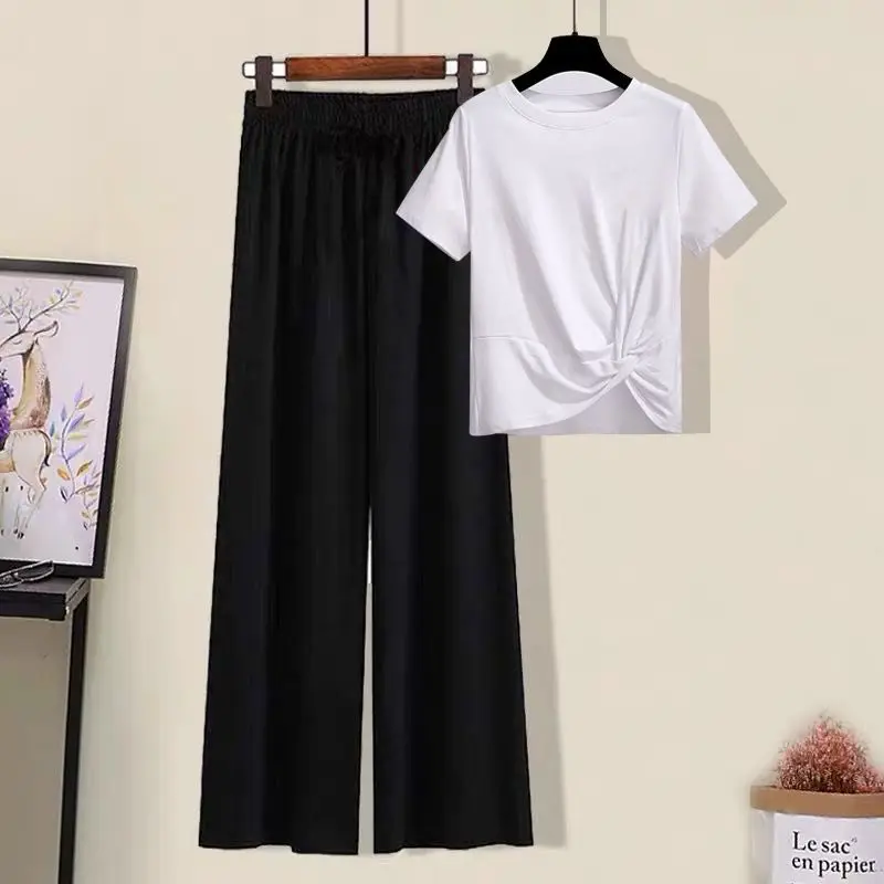 Single-piece/suit Fashion T-shirt Women's Irregular Open Navel Top+vertical Feeling Black Wide Leg Pants Two-piece Set