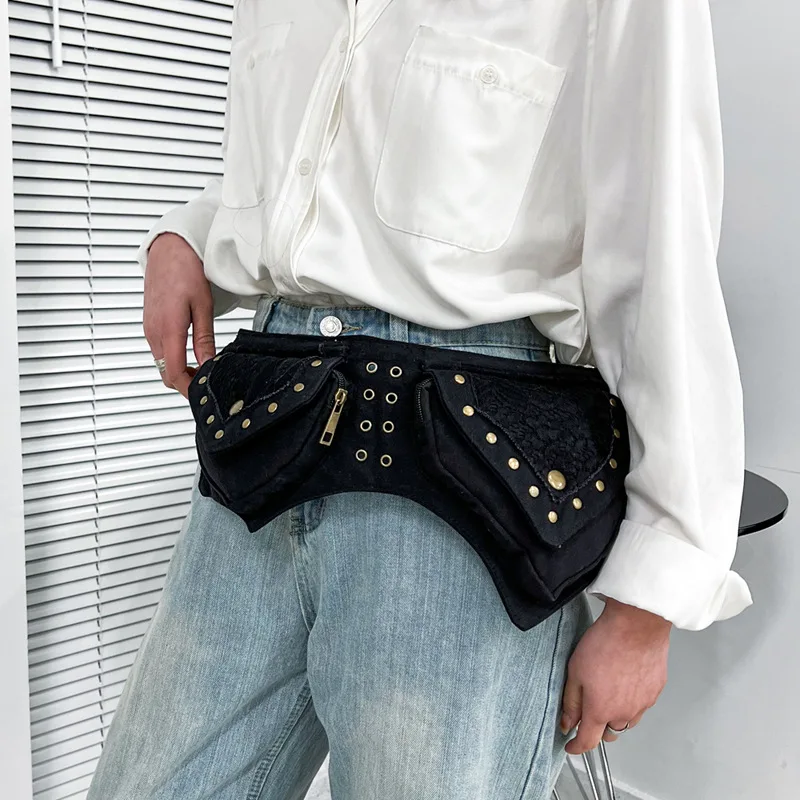 

Мужская и женская поясная сумка с заклепками в стиле ретро, многофункциональная и износостойкая для хранения на открытом воздухе