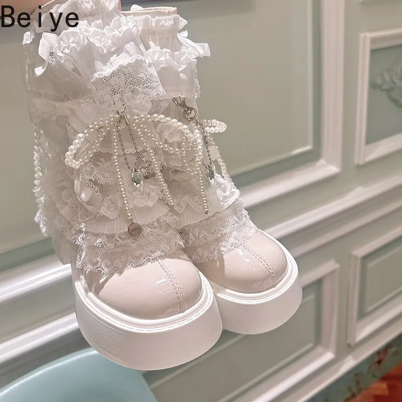 Sweet Lolita Women Bootie Girls Multi‑Layer Lace Ruffle Pearl Bow Boots Women Heart Chunky Platform Princess White Black Boots