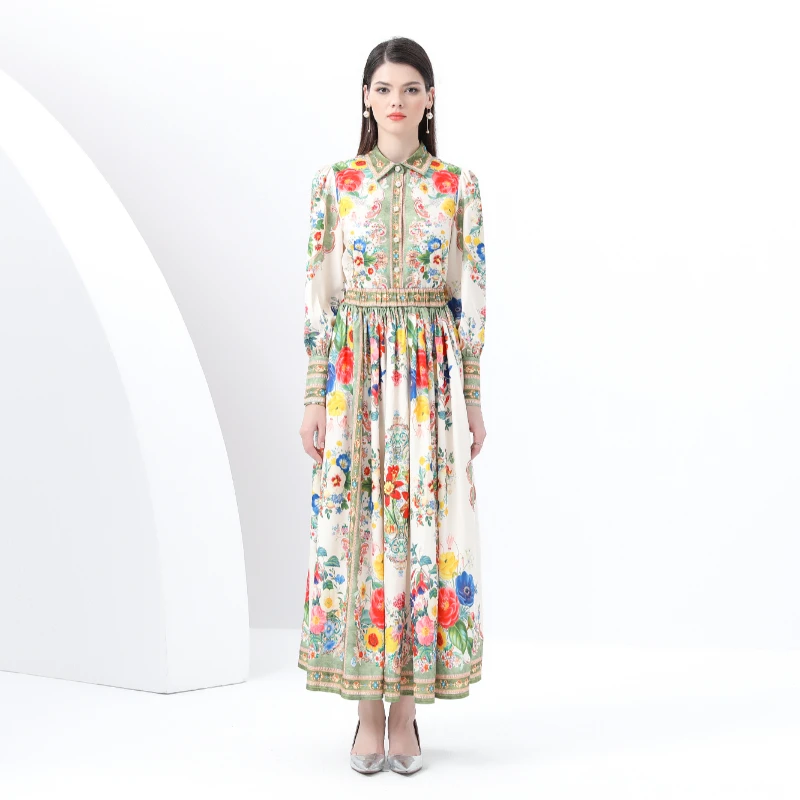 

Весна-лето женский дизайнерский комплект из двух предметов с отложным воротником, рубашка, топы и большие качели, длинная макси-юбка, костюм