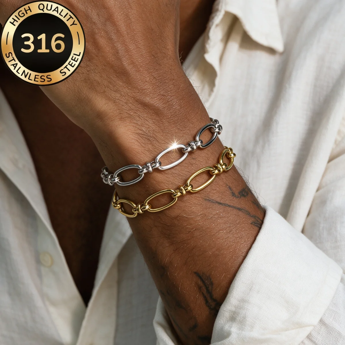 Edelstahl-Kettenarmbänder für Männer und Frauen, vergoldeter ovaler Anhänger, schlichtes minimalistisches Armband, Geschenke