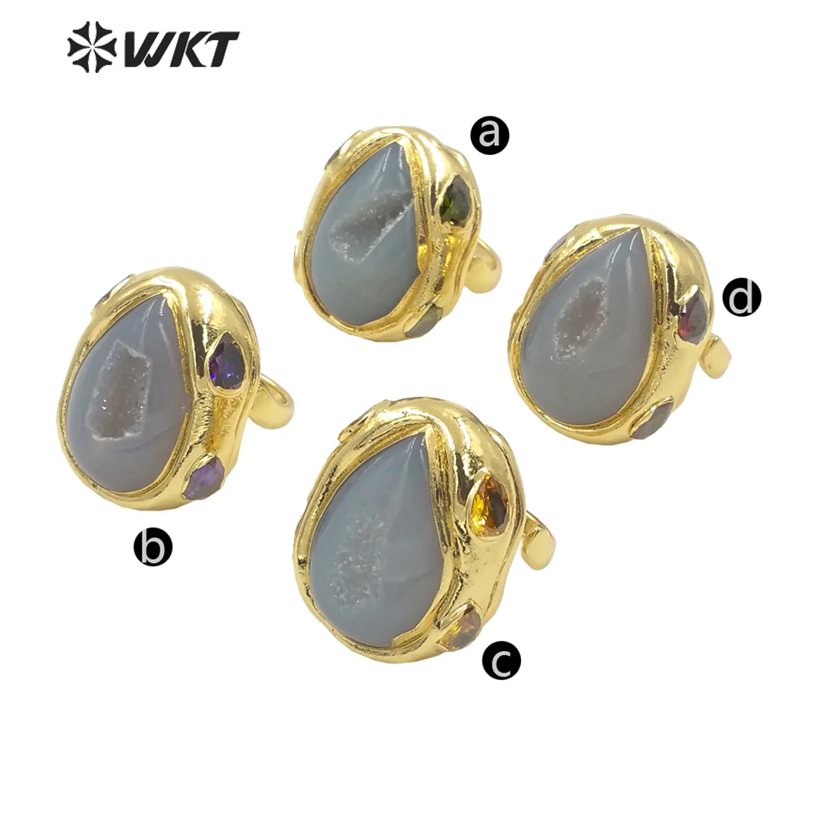 WT-R500 Natural Geode Agate And Zircon Paved With18k Gold Plated Waterdrop Shape Stone Big Rings Fine Jewelry Decorated