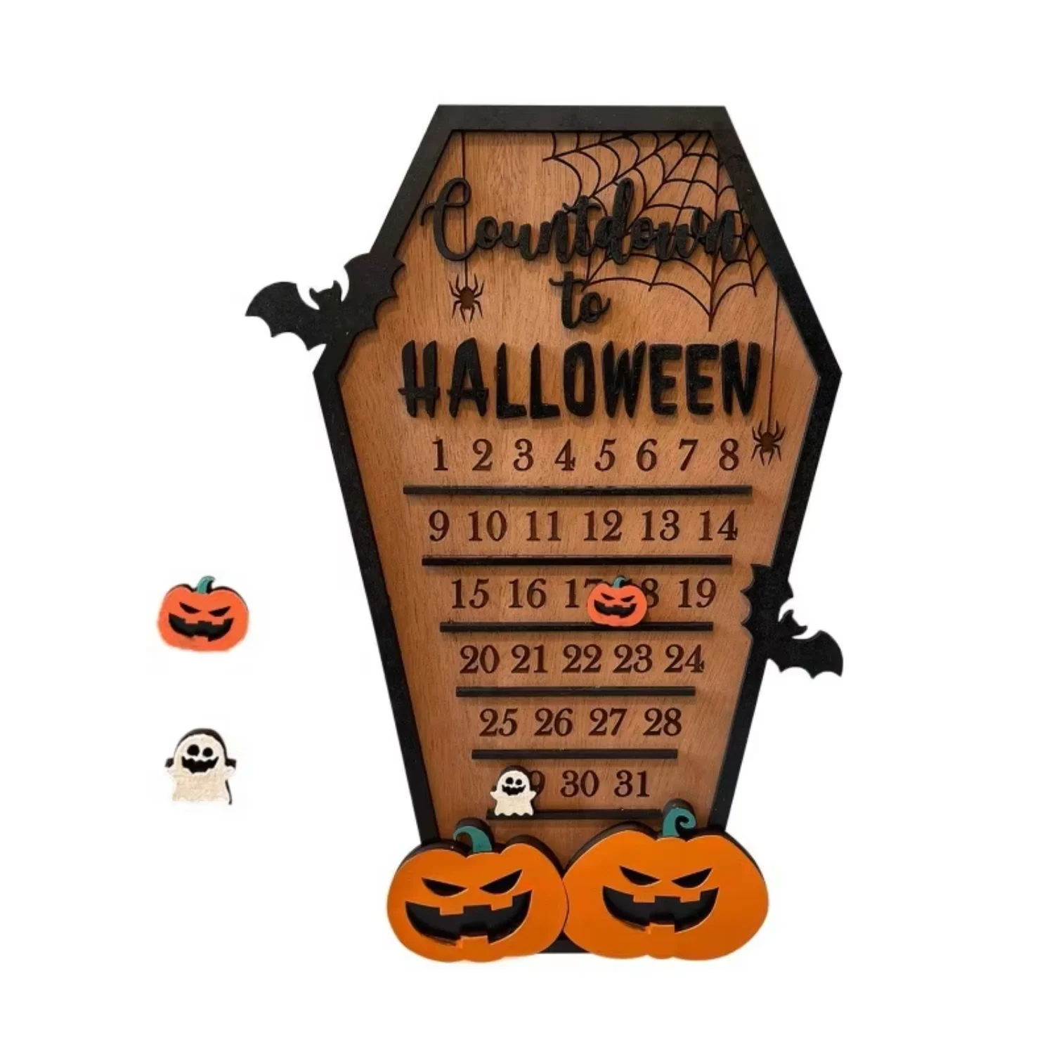 Halloween Countdown Wooden Calendar with Bat Pumpkin Ornament Halloween Desktop Decoration