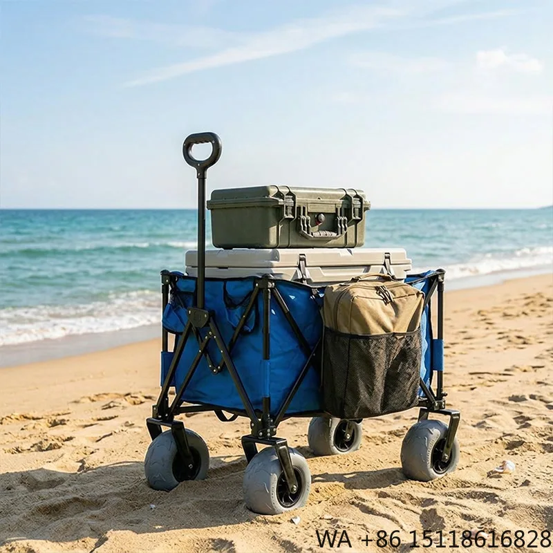 Chariot de plage pliable en métal avec roues pivotantes à dégagement rapide, compact et spacieux, chariot de camping facile à démonter