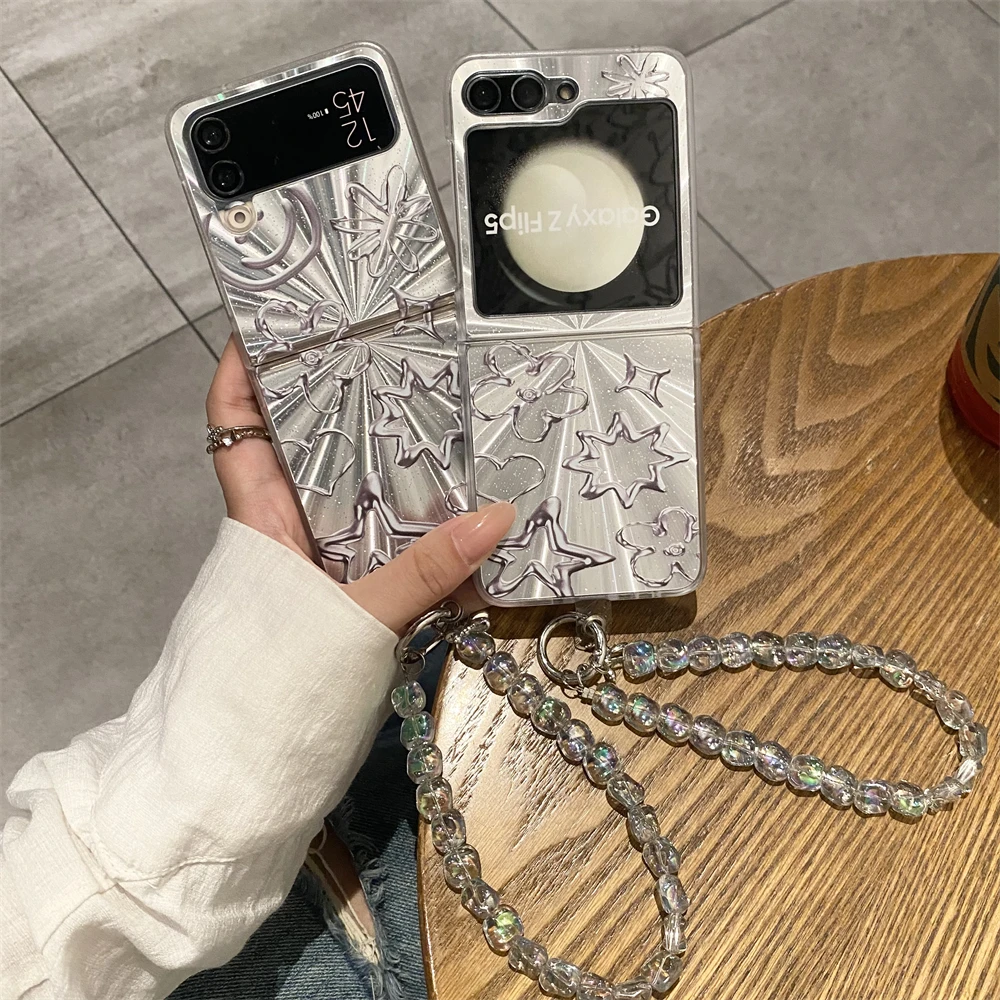 

Luxury Aurora Pentagram Phone Case For Samsung Galaxy Z Flip 6 4 5 3 Flip4 5G cover With Hands Chain Cute Case for ZFlip5 Flip6