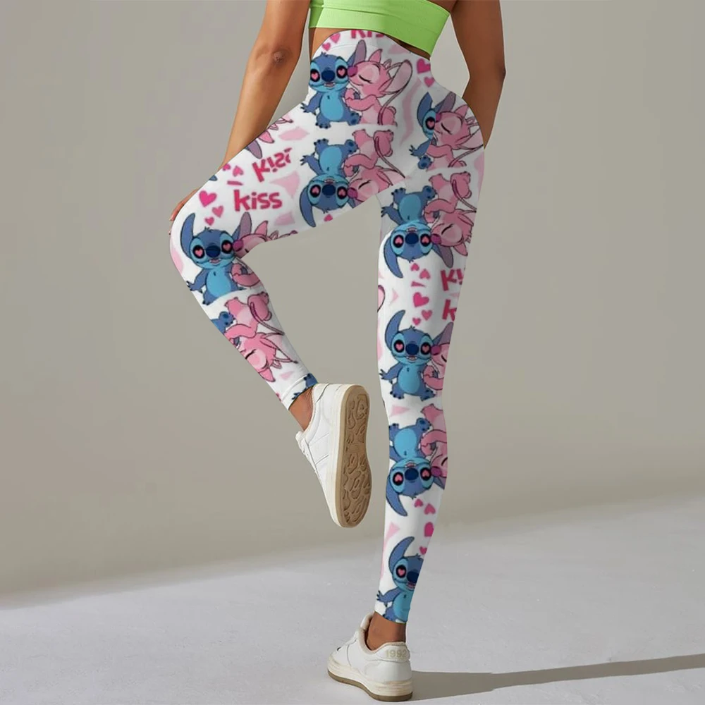 Disney Stitch พิมพ์ Checkered สตรีกีฬาและฟิตเนสกางเกงขายาวผู้หญิง Tiedye GYM Leggings Mujer Push Up Booty กางเกงฟิตเนส