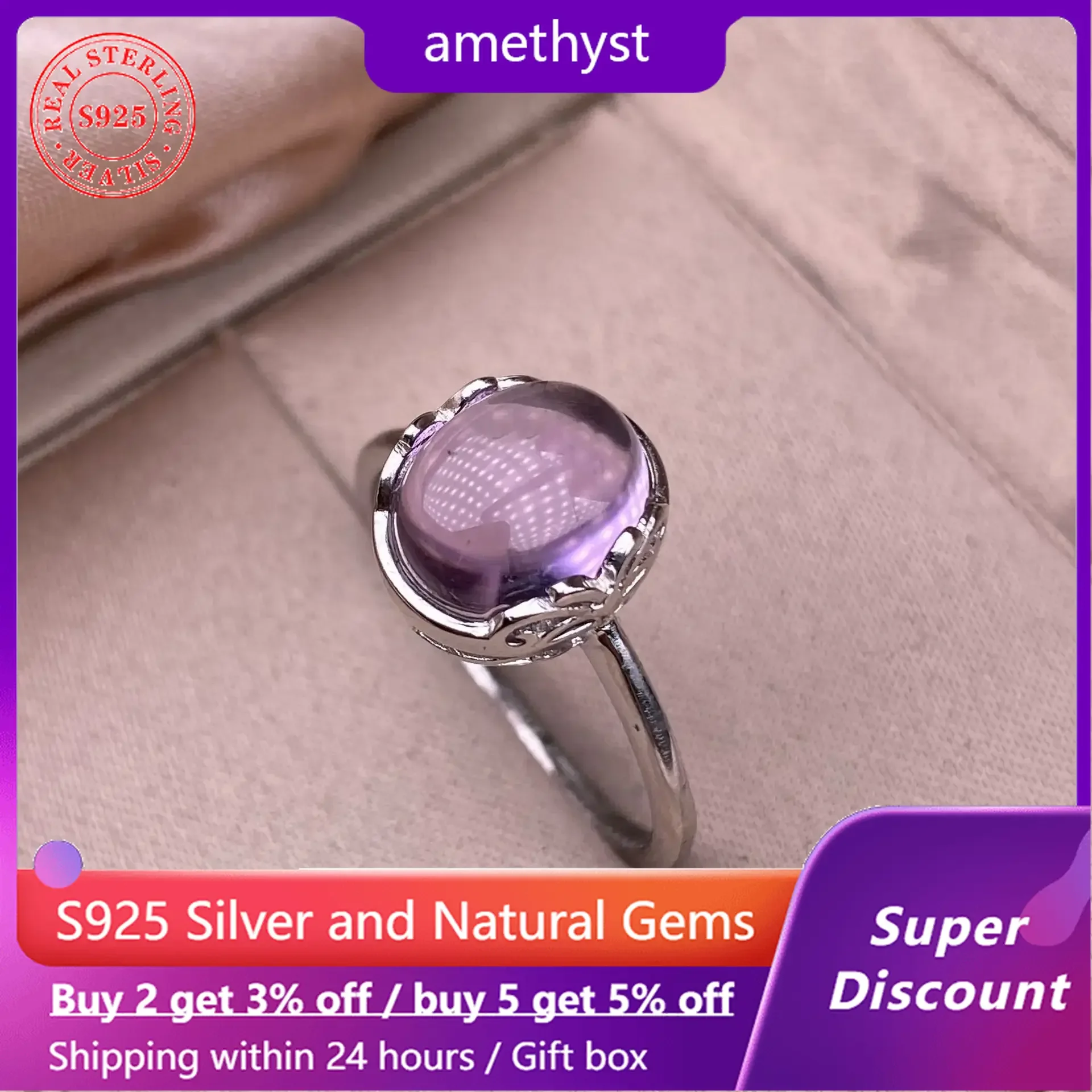 

HOYON Natural Impurity Free Amethyst Ring s925 Sterling Silver Wedding Jewelry Exquisite Luxury Women's Ring Accessories Gift