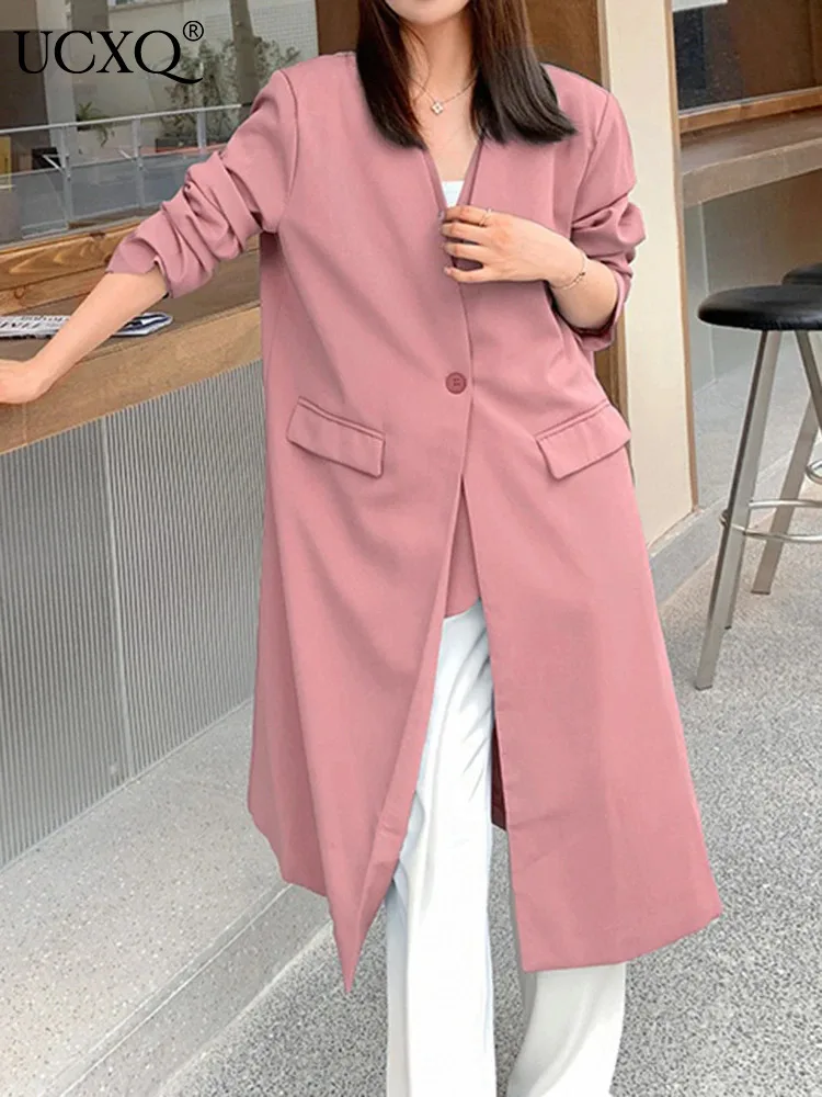 

UCXQ Vintage Trench Coat Streetwear V-neck Patchwork Single Button All Match Loose Casual Jacket Women 2024 Spring Autumn 3A9661