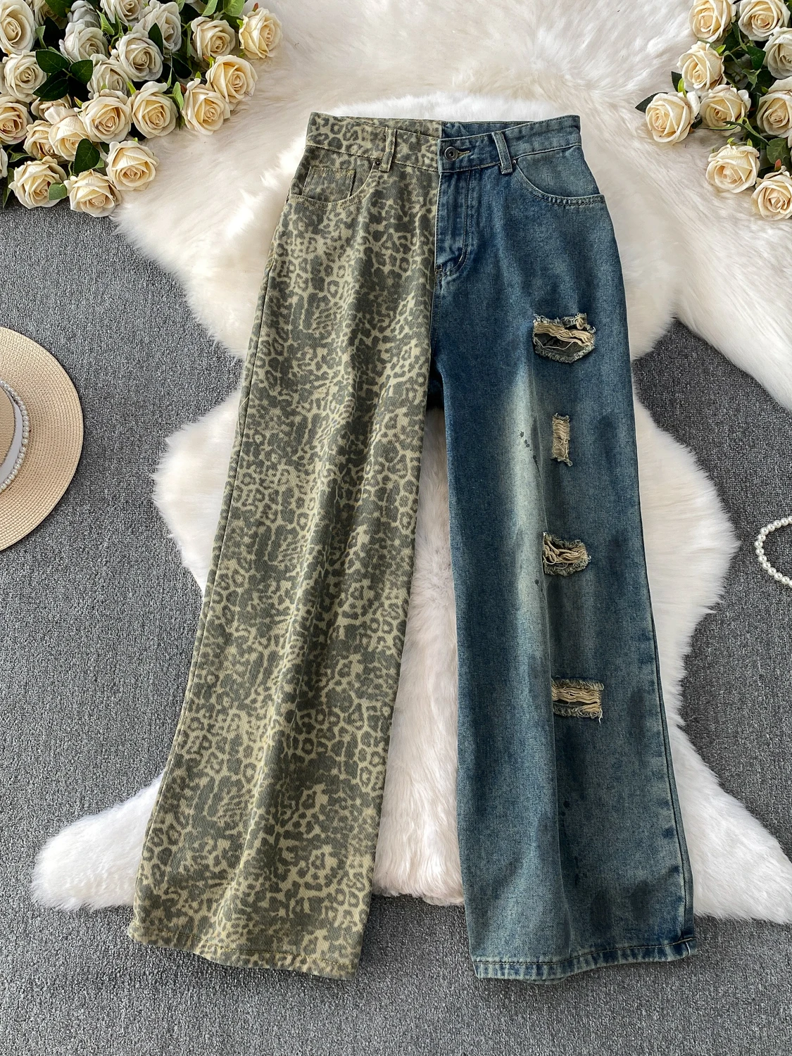 Faionable Leopard Print Patchwork Distred Denim Wide Leg Pants Women Winter Hot Girl High Waist Slim Straight Long Trousers